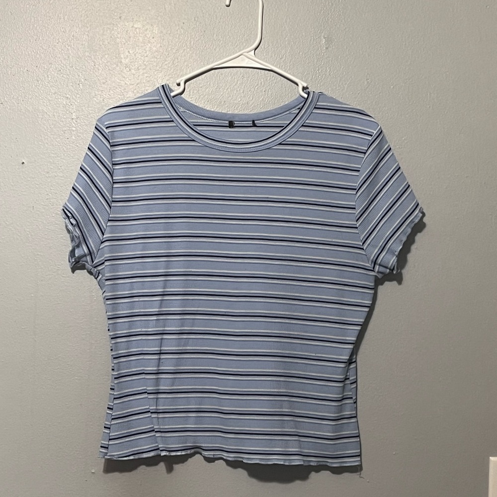 Black, white and blue, striped T-shirt, Brand: Shein, Size: extra-large.